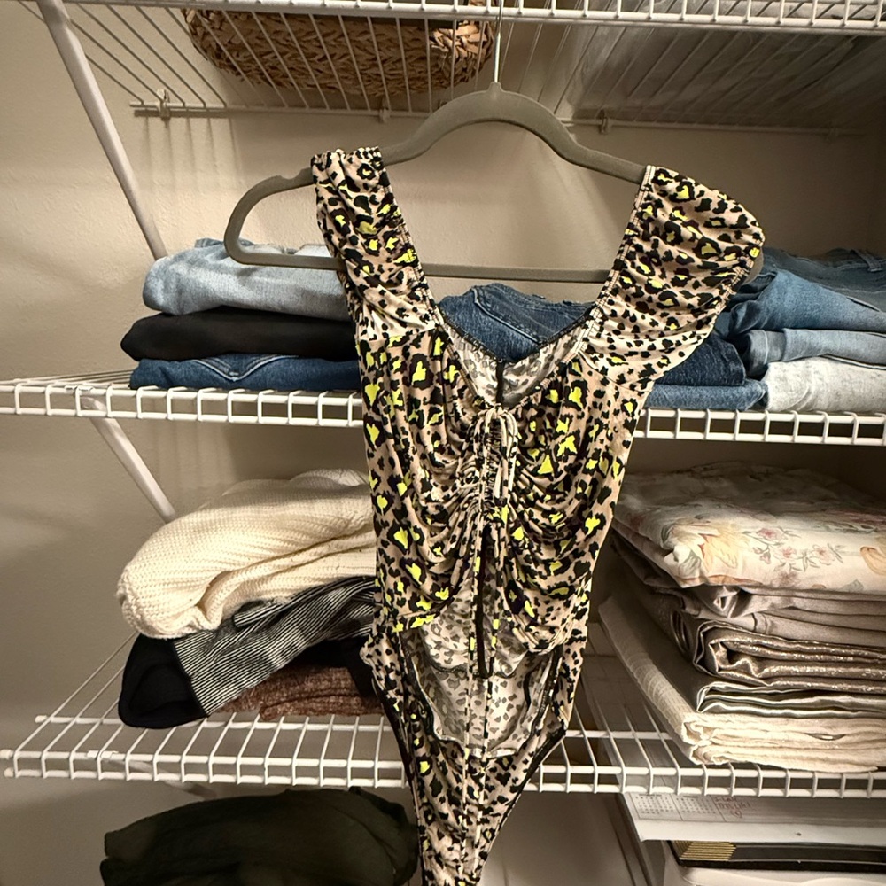 Fashion Nova Leopard Print Bodysuit with Neon Accents